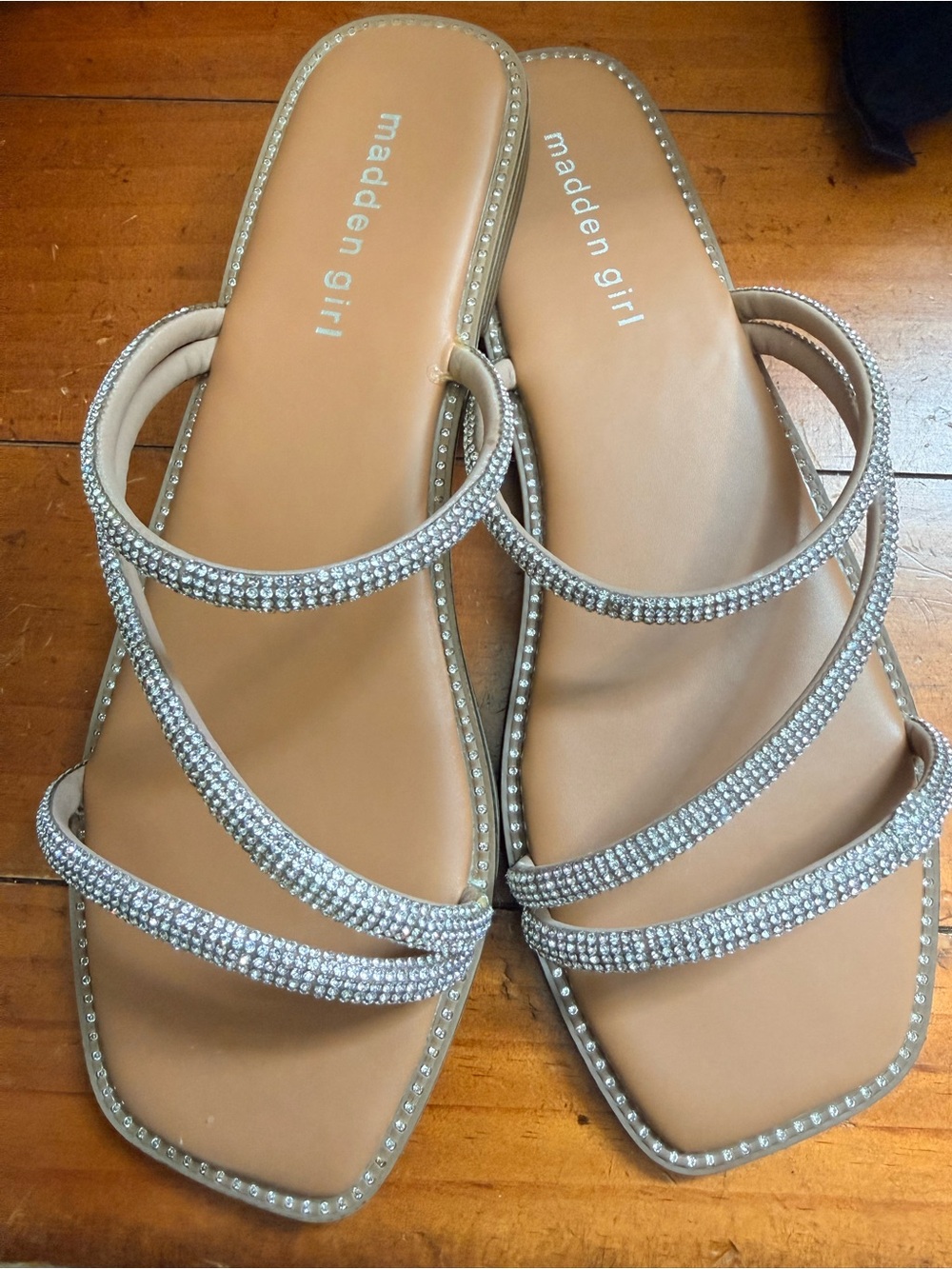 Madden Girl Nude Rhinestone Triple-Strap Slide Sandals